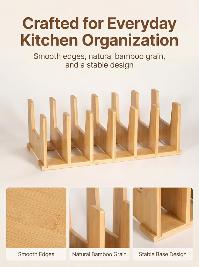 2 Pack Bamboo Pot Lid Organizer Rack, 14" x 7" x 5" Bamboo Pan Lid Holder with 2" Spacing Dividers, Keeps Lids Upright, Pot Lid Organizer for Drawer & Cabinet, Caraway Lid Organizer