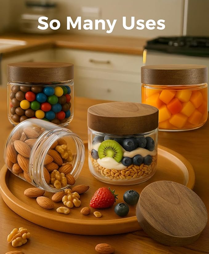 8oz 4 Pack Overnight Oats Containers with Lids, Glass Mason Jars with Acacia Wood Airtight Lids, Wide Mouth Meal Prep Storage Jars for Oats, Chia Pudding, Salad, Parfait, Snacks, Spice