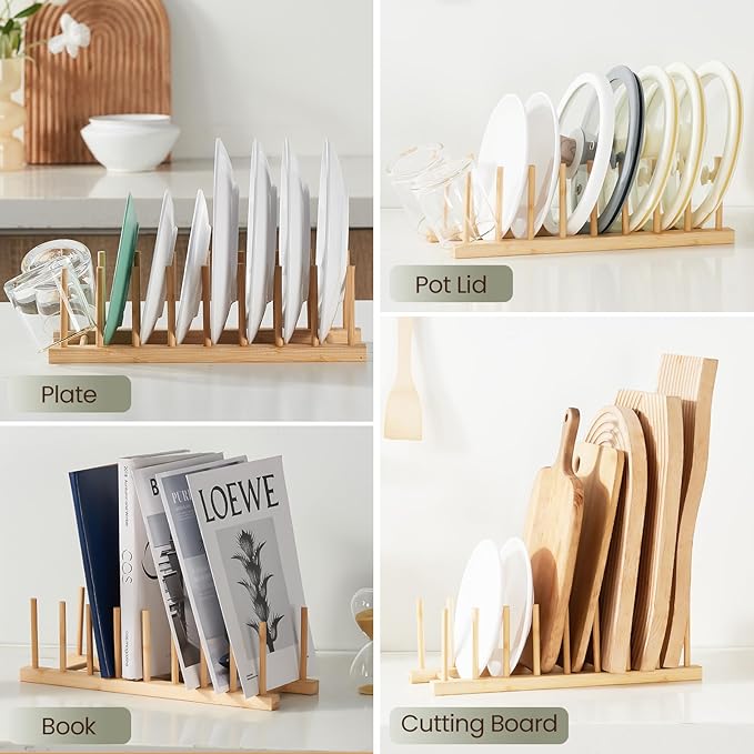 NOVAYEAH 2 Pack Bamboo Wooden Dish Rack-Plate Pot Lid Cutting Board Organizer Holder Rack for Cabinet-Kitchen Cabinet Organizer for Dish, Pots, Lids, Bowls, Bottles, Books, and Puzzle