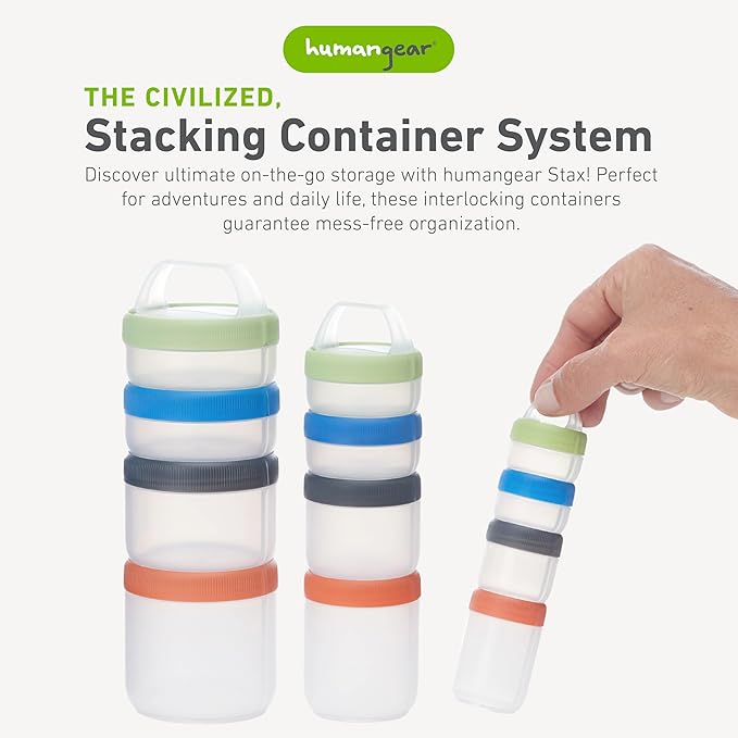 humangear STAX, Stackable Snack Containers - 4-Piece Leak-Proof Snack Travel System - FDA-Food Safe, BPA/PC/Phthalate-Free - Stackable & Click-Together Food Storage, Medium