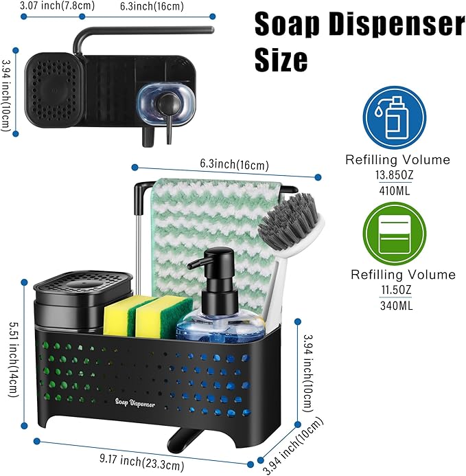 Kitchen Soap Dispenser Set, Sponge Holder for Kitchen Sink, Hand and Dish Soap Dispenser with Sink Caddy - 5-in-1 Design, Non-Slip Drainage Water Kitchen Sink Organizer (Black)