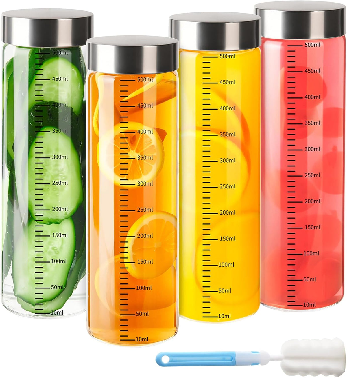 4 Pack 16 oz Glass Juice Bottles with Stainless Steel Lids Wide Mouth Borosilicate Glass Shaker bottle for Juicing, Protein, Smoothies, Reusable, Leak Proof, Dishwasher Safe Glass Water Bottles