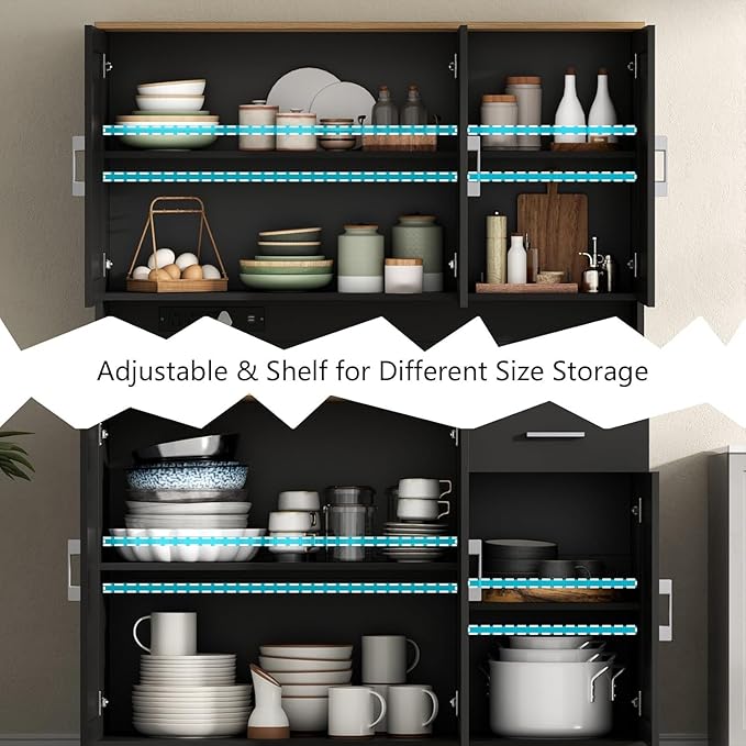 71" Pantry Cabinet,Kitchen Pantry Storage Cabine with Power Outlet,Farmhouse Kitchen Hutch Pantry Cabinet, Tall Hutch with Adjustable Shelf & Door,Food Pantry Storage for Dining Room,Kitchen (Black)