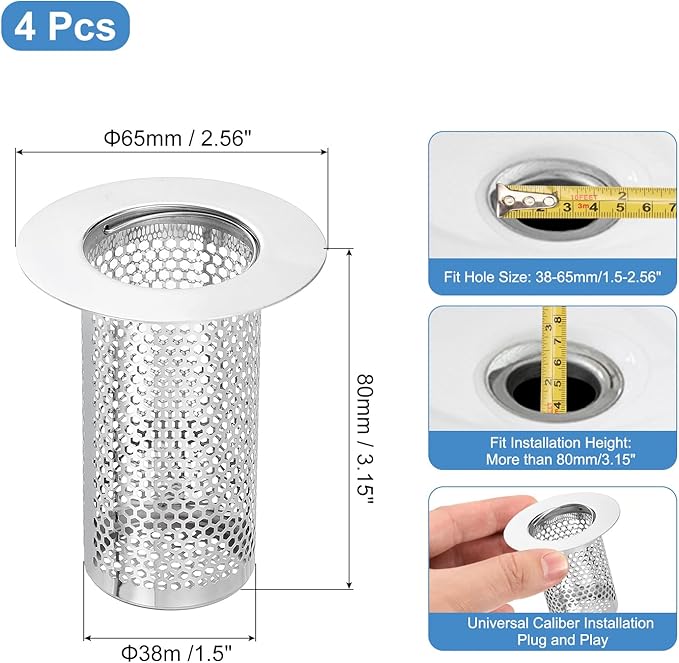 uxcell 4 Pack Shower Drain Strainer, 3.2" x 2.6" 304 Stainless Steel Floor Drain Strainer Deep Sink Hair Catcher for Kitchen Bathroom Balcony Floor Drain, Fit Hole Size from 1.5" to 2.6"
