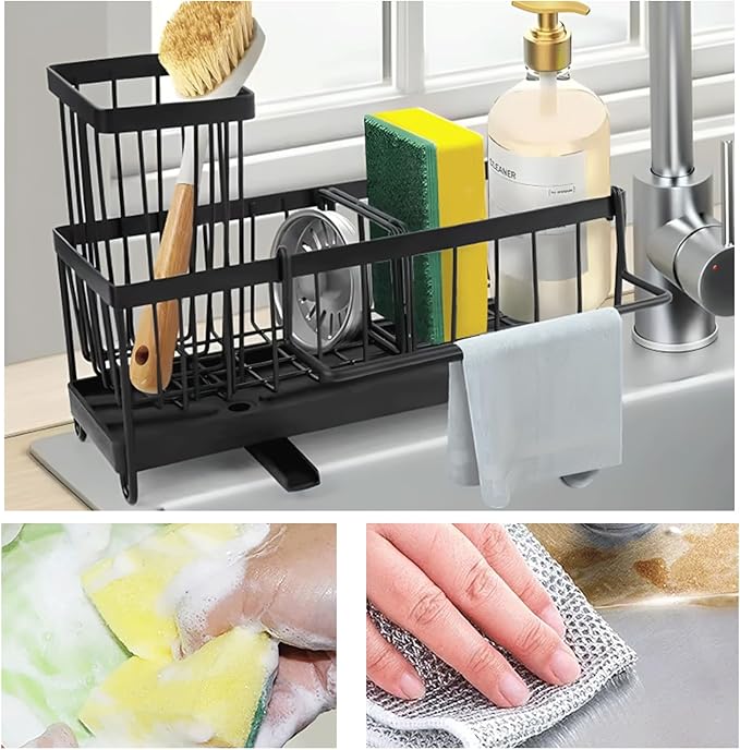Sponge Holder for Kitchen Sink,5 in 1 Rustproof Stainless Steel Sink Caddy with Washing Cloth & Adhesive Hooks, Kitchen Sink Organizer with High Brush Holder and Soap Holder for Kitchen Sink