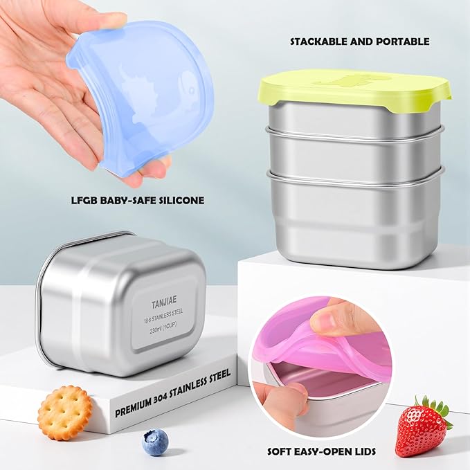 Tanjiae 3×8oz Small Stainless Steel Snack Containers - 230mL Leakproof Food Containers with Cute Dino Lids | LFGB Certified, Stackable Metal Snack Box for Home, Office, Travel
