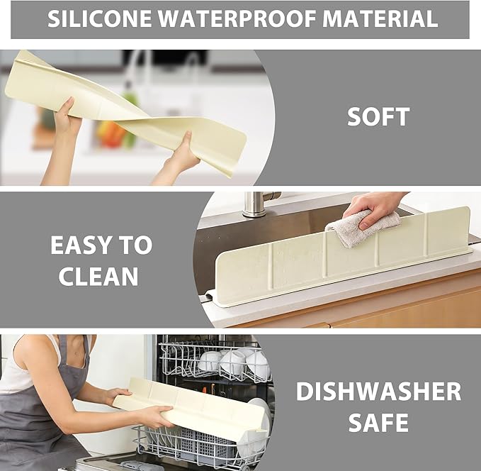 23Inch Sink Splash Guard – Extended Length & Tall Silicone Kitchen Sink Splash Guard with Overhang Drainage Design, High Splash Wall & Strong Suction Cups for Countertop (White, 23''x3.5'')