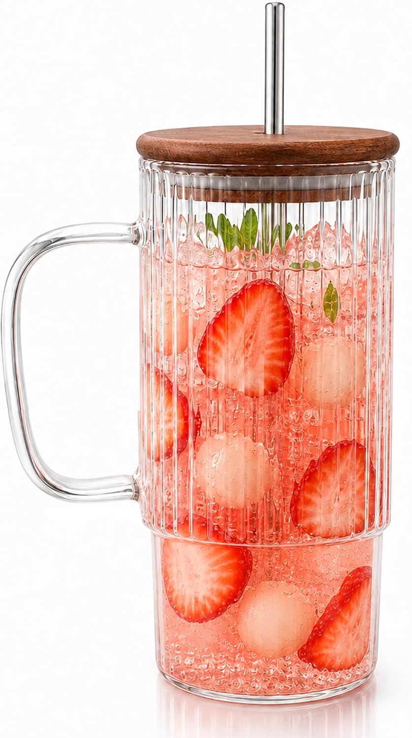 32oz Ribbed Glass Tumbler with Handle, Upgraded Acacia Wood Lid and Stainless Steel Straw, Clear Glass Cup for Iced Coffee, Matcha Latte, Smoothies, Tea, Hot & Cold Drinks