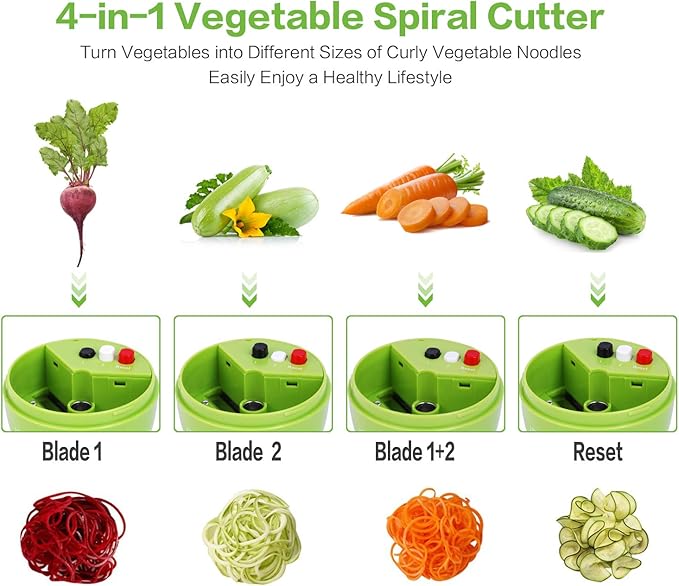 Handheld Spiralizer Vegetable Slicer, 4 in 1 Heavy Duty Veggie Spiral Cutter - Zoodle Pasta Spaghetti Maker
