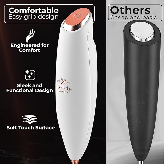 Zulay Kitchen Powerful Milk Frother Wand With Duracell Batteries - Ultra Fast Handheld Drink Mixer - Electric Whisk Foam Maker for Coffee, Lattes, Cappuccino & Matcha - Triple Whisk - Black