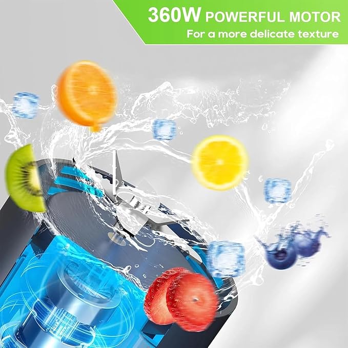 Portable Blender 700ml (24oz),USB Rechargeable Personal,360W High-Power Motor, 6000mAh Long-Lasting Battery, Self Cleaning & BPA Free & Leakproof-Lid for Travel, Home, Office, Camping (Black)