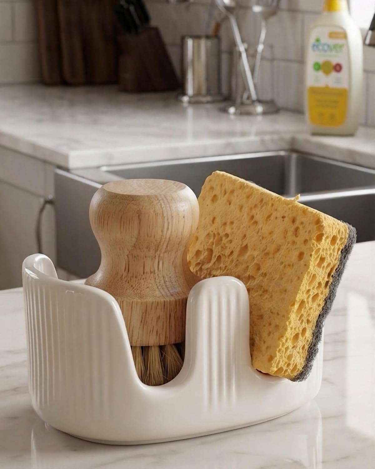 Ceramic Sponge Holder, 2-Slot Dish Sponge Holder for Kitchen Sink, Keeps Sponges Dry & Countertop Clean, Rust-Free & Dishwasher Safe, Stylis Design, Dishwasher Safe, White
