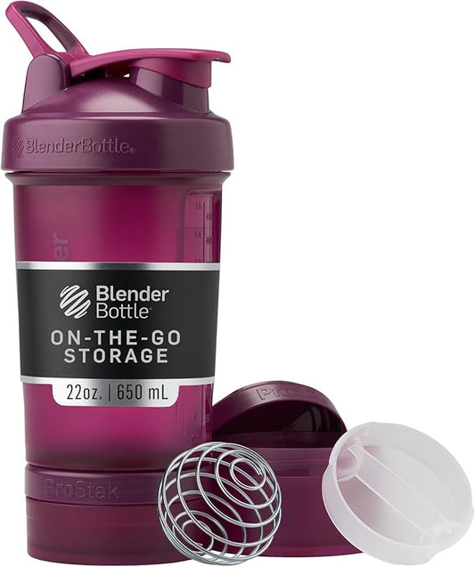 BlenderBottle Shaker Bottle with Pill Organizer and Storage for Protein Powder, Classic V2 ProStak System, 22-Ounce, Plum