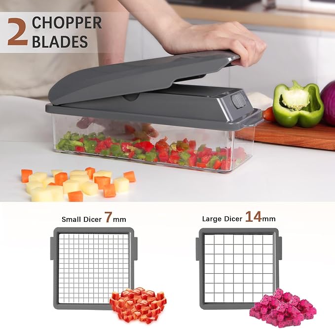 LHS Professional Multifunctional Vegetable Chopper Pro Food Chopper with Food Storage Containers, Mandoline Slicer Onion Dicer Fruit Cutter, Kitchen Gadgets and Home Essentials(11 in 1, Grey)