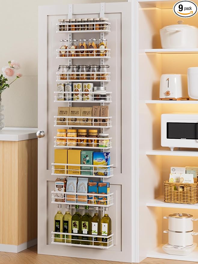 Delamu 9 Tier Over The Door Pantry Organizer, Pantry Organization and Storage, Hanging Spice Rack for Pantry Door Organizer, Metal Pantry Door Shelves for Kitchen Bathroom Laundry Room,15.3" White