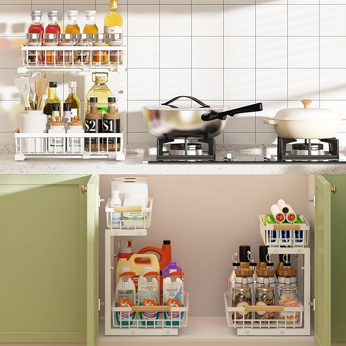 REALINN Under Sink Organizer, 2 Pack Height Adjustable Under Sink Organizers and Storage, 2 Tier Pull Out Drawer Cabinet Storage for Kitchen Bathroom, White