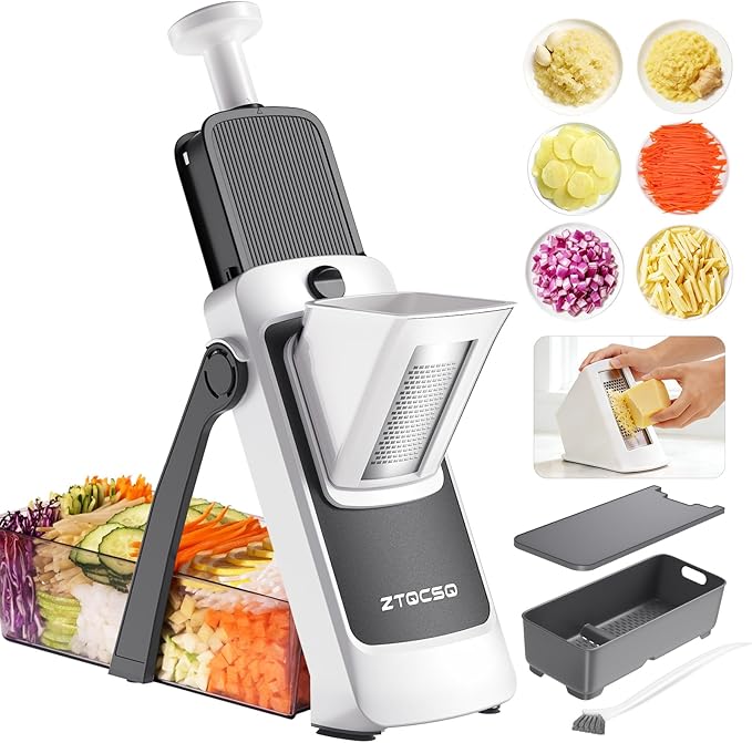[7 in 1 ] Vegetable Slicer for Kitchen, Safe Mandoline Slicer, Adjustable Veggie Potato French Fry Cutter, Wider Tray & Stainless Steel Grater & Filter Basket & Lid & Cleaning Brush (Gray Pro)