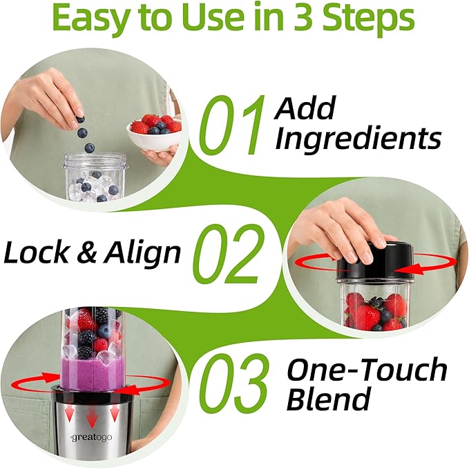 Personal Bullet Blender, Power Countertop Kitchen Smoothie Blender for Shakes, Smoothies, Nuts, Ice, Baby Food, Fresh Fruits and Vegetables. Come with 3 BPA-Free Cups