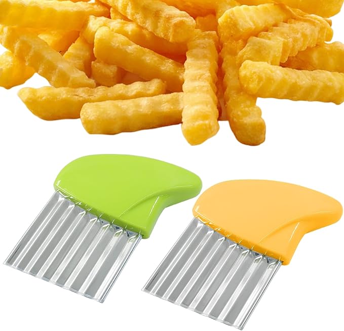 2 Pack Crinkle Cutter Stainless Steel Wavy French Fry & Vegetable Slicer for Potatoes, Carrots, Cheese, Multi-Color (Green & Yellow)