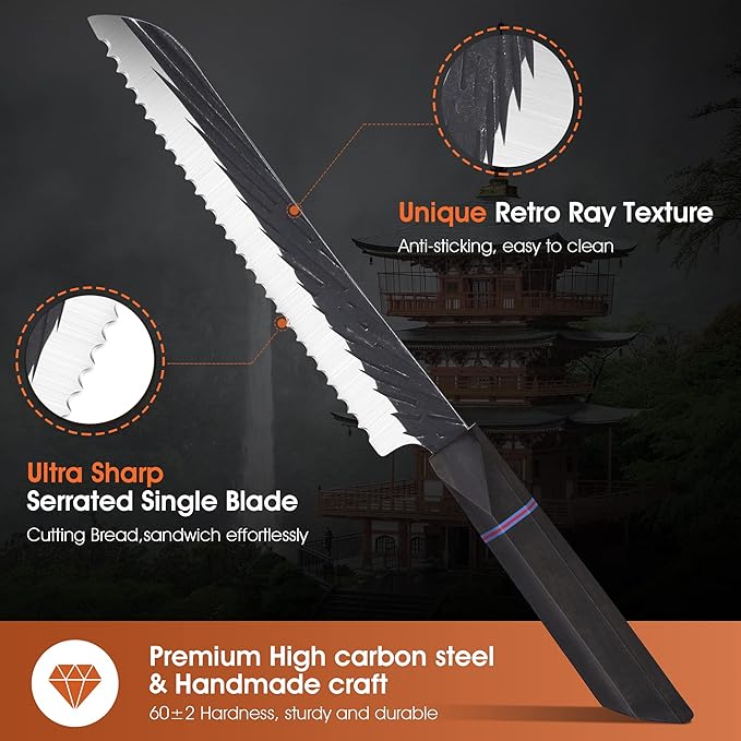 ROCOCO Sharp Serrated Bread Knife - Bread Cutter Slicer Knife Meat Cleaver for Home Kitchen 7.4" Birthday Father Mother Christmas Gift Idea