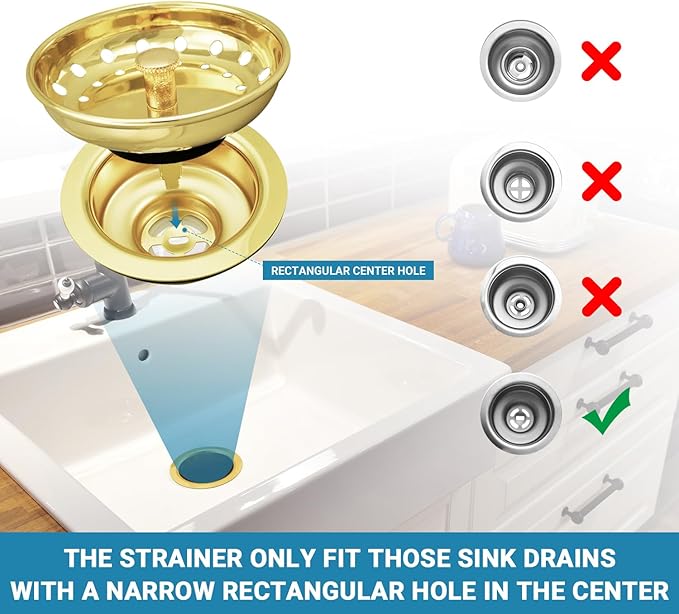 KONE Sink Drain Strainer Gold Sink Stopper and Strainer Stainless Steel Kitchen Sink Strainer Basket Replacement for 3-1/2 Inch Kitchen Sink, with Metal Center Knob and Rubber Drain Stopper