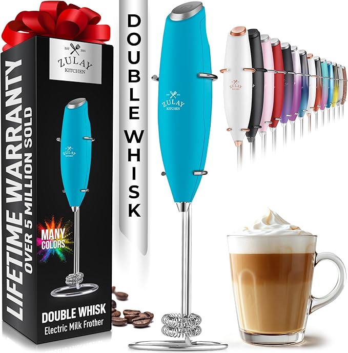 Zulay Kitchen Powerful Double Whisk Milk Frother Handheld - Foam Maker With Stand - Whisk Drink Mixer for Coffee, Mini Foamer for Latte, Matcha, Frappe, Hot Chocolate & Cappuccino - Ocean Blue