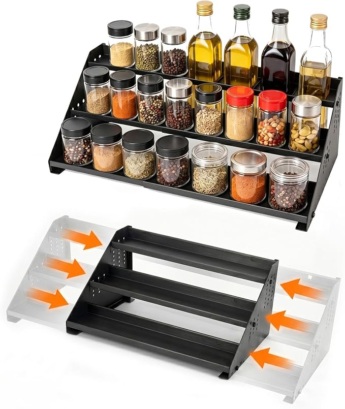 RICHMYC 3 Tier Spice Rack Organizer for Cabinet, Expandable Metal Spice Organization Shelf, Adjustable Step Seasoning Organizer for Countertop and Pantry, Anti-Slip Kitchen Spices Storage Display