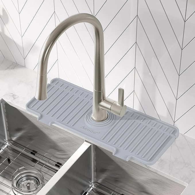 Amerner Kitchen Sink Splash Guard, Silicone Faucet Guard & Draining Mat, 10° Large Slope Sink Faucet Mat Splash Guard, Bathroom Sink Organizer, Kitchen Sink Accessories Gadgets, 14.2” x 5.1”, Gray