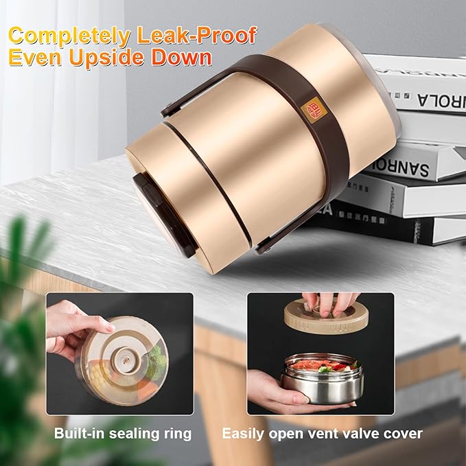 Pawovdeq 67 oz Adults Stainless Steel Vacuum Insulated Wide Mouth Soup Food Thermo Hot Food Jar with Keep Thermal Portable 3 Tier Stackable Bento Hot Food Containers Lunch Boxes (67 oz Gold)