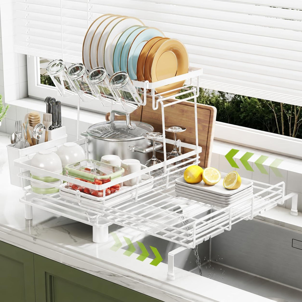 2-Tier Expandable Dish Drying Rack for Kitchen Counter, White