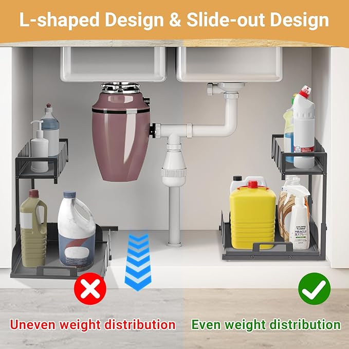 Under Kitchen Sink Organizer, 2 Tier Metal Pull Out Cabinet Organizer with Sliding Drawer, Heavy Duty Bathroom Organizers and Storage Shelf, Storage and organization for Home,Laundry,Office, 2 Pack