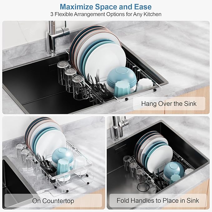 GSlife Expandable Over the Sink Dish Drying Rack with Cup Holder - Stainless Steel Dish Drainer with Locking Knob, Size Adjustable Dryer Strainer for Kitchen, Fit Sink 10.8"-17.9" L, Silver