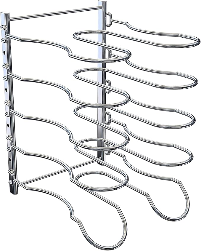 CAXXA Heavy Duty Pan Rack, Pot Lid Rack, Kitchen Cabinet Pantry Cookware Organizer Rack Holder with 5 Adjustable Dividers, Chrome (Pack of 2)