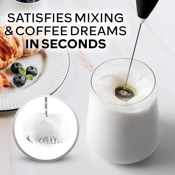 Zulay Kitchen Powerful Milk Frother Wand With Duracell Batteries - Ultra Fast Handheld Drink Mixer - Electric Whisk Foam Maker for Coffee, Lattes, Cappuccino & Matcha - Z1 Motor - Metallic Black