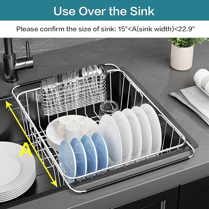 Large Dish Drying Rack in Sink Expandable, Adjustable304 Stainless Steel Metal Dish DrainerRack Organizer with Stainless Steel Utensil Holder Over Inside Sink Counter, Rustproof