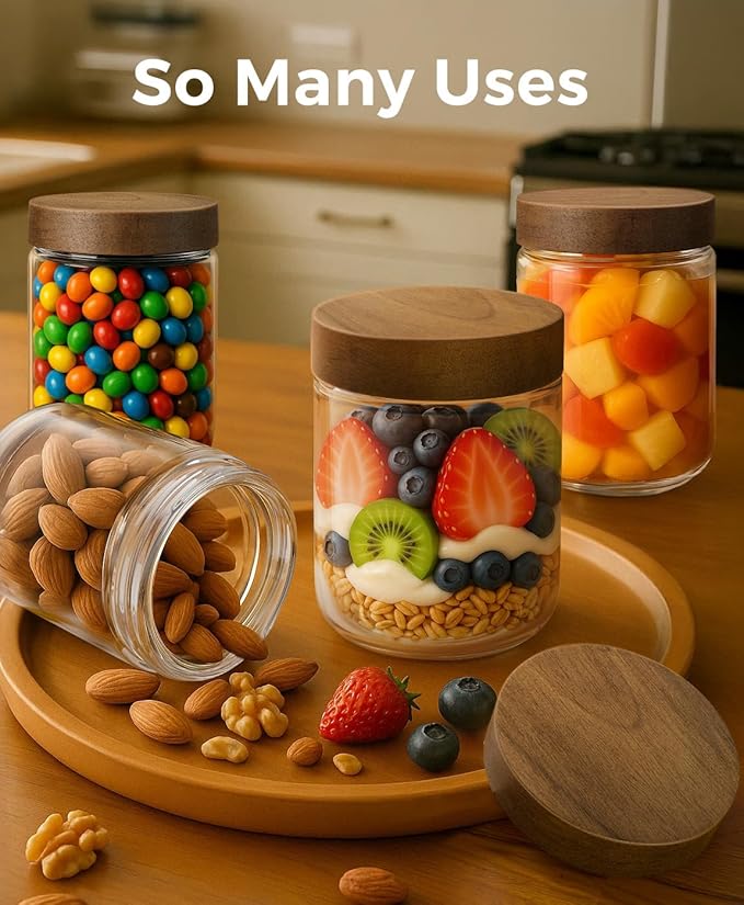 8 Pack 16oz and 10oz Overnight Oats Containers with Lids, Glass Mason Jars with Acacia Wood Airtight Lids, Wide Mouth Meal Prep Storage Jars for Yogurt, Chia Pudding, Salad, Snacks, Spice
