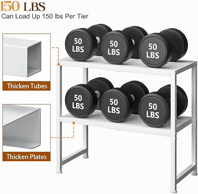 2-Tier Expandable Kitchen Storage Shelf,150LBS Heavy Duty Metal Shelving Units For Small Appliance,Adjustable Pots and Pans Organizer Rack Shelves For Kitchen Counter Under Cabinet Garage Pantry,White