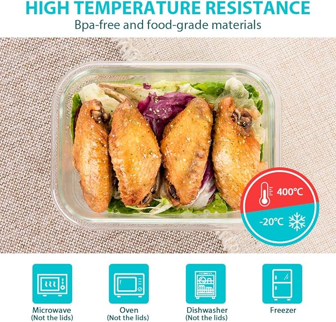 Bayco Glass Food Storage Containers, [24 Piece] Airtight Meal Prep Bento Boxes, Leak Proof (12 lids & 12 Containers) - White