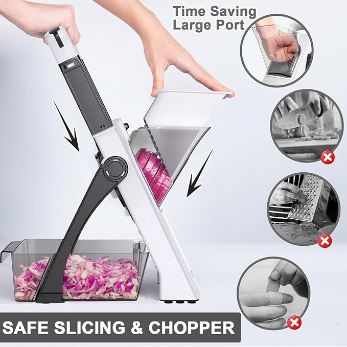 QYKIC Upgrade Safe Mandoline Slicer Biger, Adjustable Vegetable Chopper Potato Slicer, Detachable, Dishwasher Safe Kitchen Chopping Artifact for Meal Prep (BlackWhite)