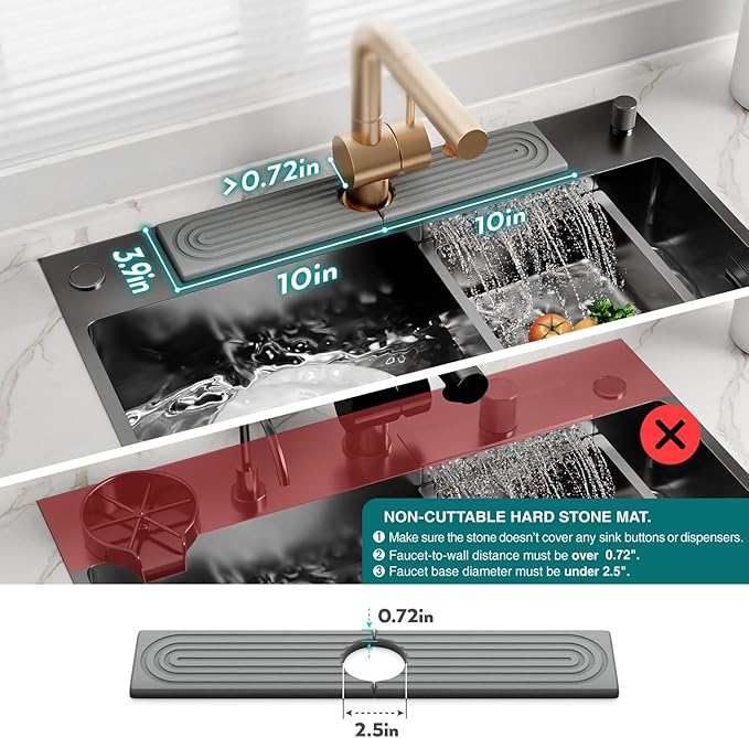 eormoe Faucet Mat for Kitchen Sink - Diatomaceous Earth Faucet Splash Guard, Fast Drying Sink Protector - Water Absorbing Stone for Bathroom Sink (Grey, 19.5'' x 3.9'')