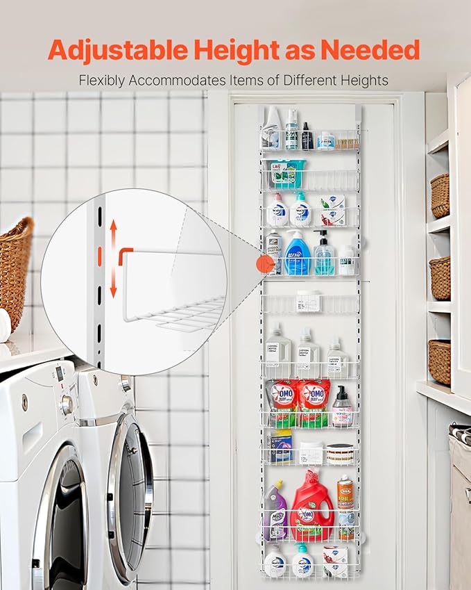 VEVOR Over the Door Pantry Organizer, 10-Tier Pantry Organization and Storage, Heavy-Duty Steel Hanging Spice Rack, Adjustable Wall Seasoning Shelves, for Home Kitchen Laundry Room Bathroom, White