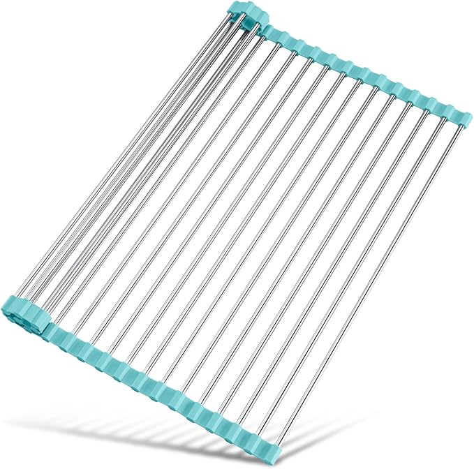 Tomorotec 21" x 15.5" Roll Up Dish Drying Rack Over Sink Drying Rack Sink Cover Kitchen Sink Accessories Gadget Multipurpose Organizer Foldable Stainless Steel Drainer