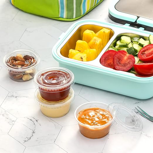 VITEVER 130 sets - 2 oz Jello Shot Cups, Small Plastic Containers with Lids, Airtight and Stackable Portion Cups, Salad Dressing Container, Dipping Sauce Cups, Condiment Cups