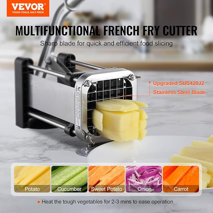 VEVOR French Fry Cutter, Potato Slicer with 1/2-Inch Stainless Steel Blade, Manual Potato Cutter Chopper with Suction Cups, Great for Potato, French Fries, Cucumber, Vegetables, Carrot
