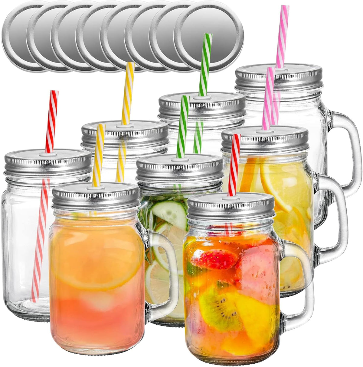 8 Pack 16 oz Glass Mason Jar Mugs with Handle, 16 Tin Lids and 8 Plastic Straws, Old Fashioned Mason Jar Drinking Glasses, Clear Glass Cups for Party and Daily Use
