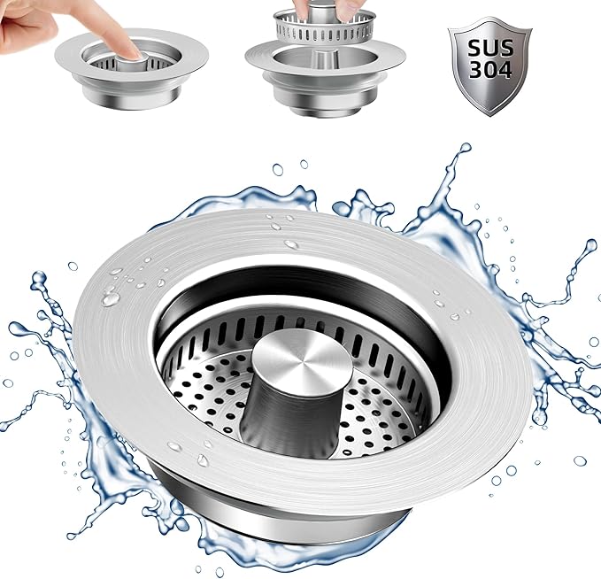 NinjaTiger Kitchen Sink Drain Strainer - Stainless Steel Sink Stopper 3-in-1 Pop-Up Sink Strainer with Anti-Clogging Basket Odor Filter Sink Drain Cover Plug for US Standard 3-1/2'' | Silver-1 Pack