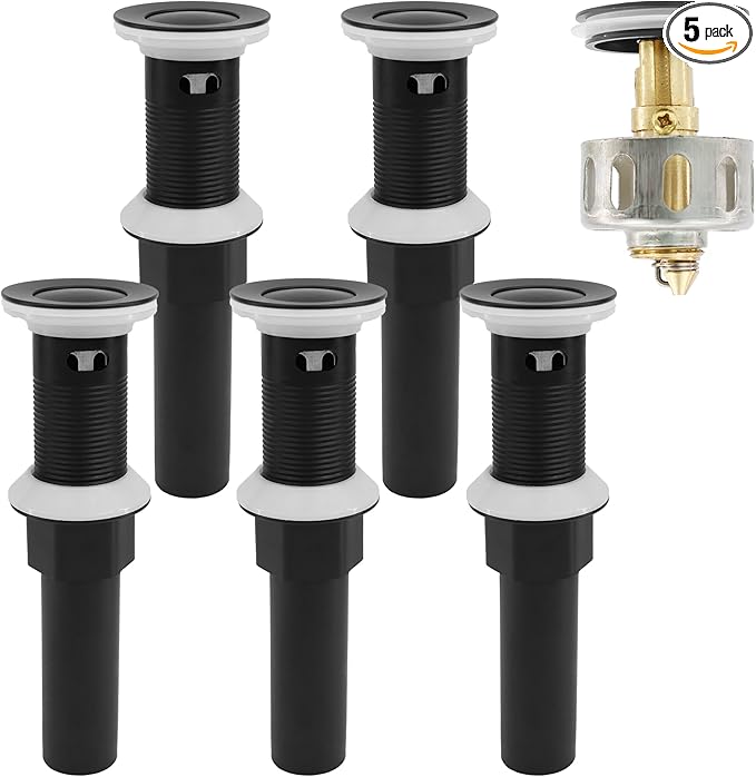 Bathroom Sink Drain,5 Pack Drain Stopper with Overflow,Small Cap Pop Up Drain Assembly with Detachable Strainer Basket,Built-in Anti-Clogging, Stainless Steel Nut Matte Black