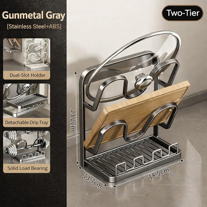 NUOREEL Kitchen Pot Lid Organizer, Extra-Wide Kitchen Pot Lid Storage Rack for Bigger Lids, Heavy-Duty Carbon Steel Frame with Reinforced ABS Base, Fits 30–32cm Lid (Gray)