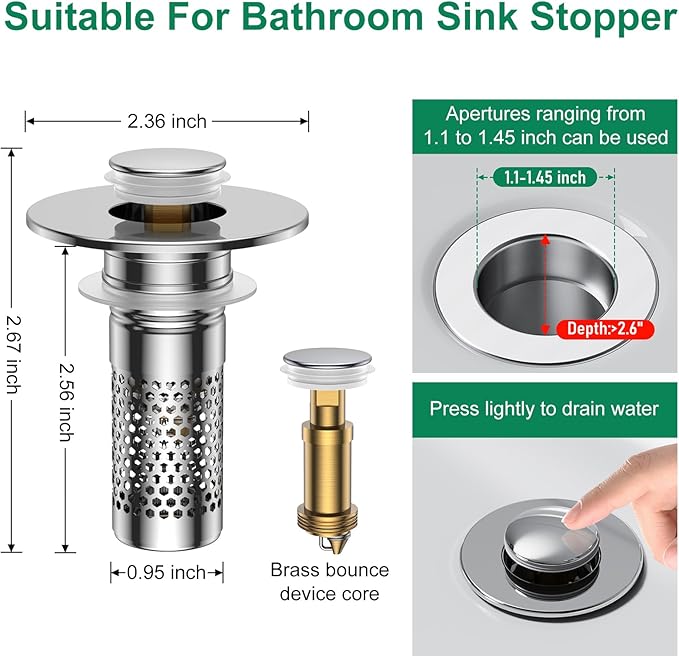 Bathroom Sink Drain Strainer,Universal Pop-Up Sink Stopper Hair Catcher, Anti-Clog Stainless Steel Drain Filter Basket, Removable Sink Drain for Bathroom Sink Stopper