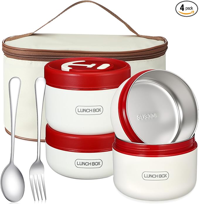 Dandat 4 Pcs Insulated Lunch Container, Portable Bento Box, Stainless Steel Lunch Box, Round Stackable Leakproof Thermal Food Container for Adult Men Women with Insulated Bag, 74 oz(Red)